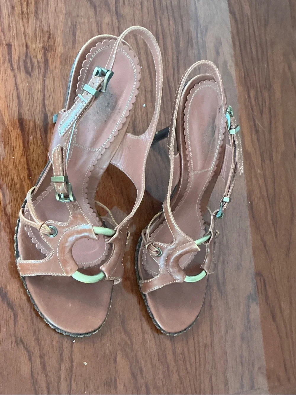 Cole Haan Brown Leather Slingback Heels with Mint Accents